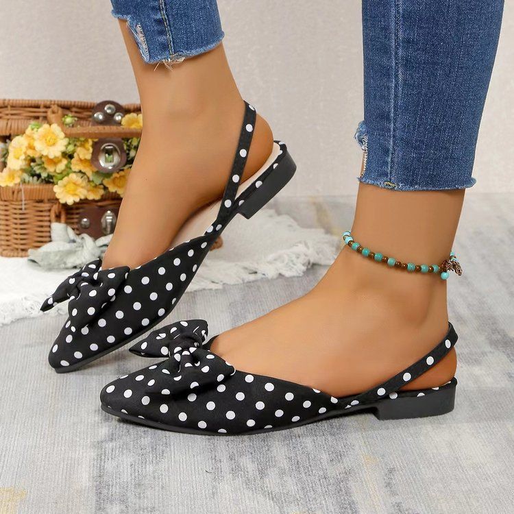 Women's Pointed Toe Bow Tie Houndstooth Flat Sandals Summer New Style European American Open Back Sandals_vogvips.com