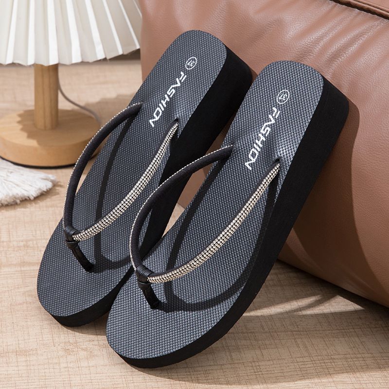Rhinestone Flip-flops Beach Shoes Slippers Women's Summer Fashion Outwear Seaside Thick Sole Wedge Heel Flip-flops_vogvips.com