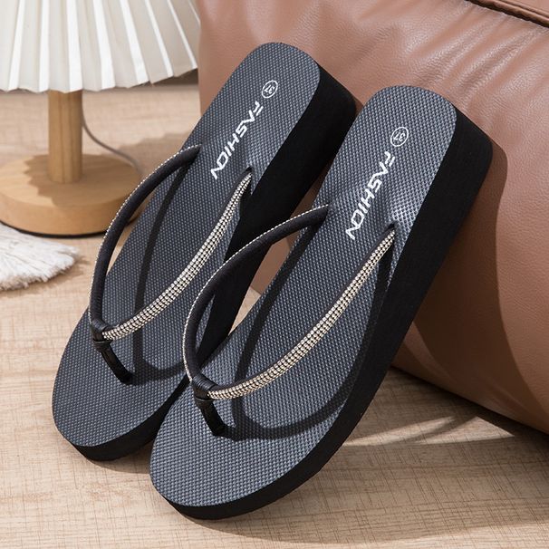 Rhinestone Flip-flops Beach Shoes Slippers Women's Summer Fashion Outwear Seaside Thick Sole Wedge Heel Flip-flops_vogvips.com