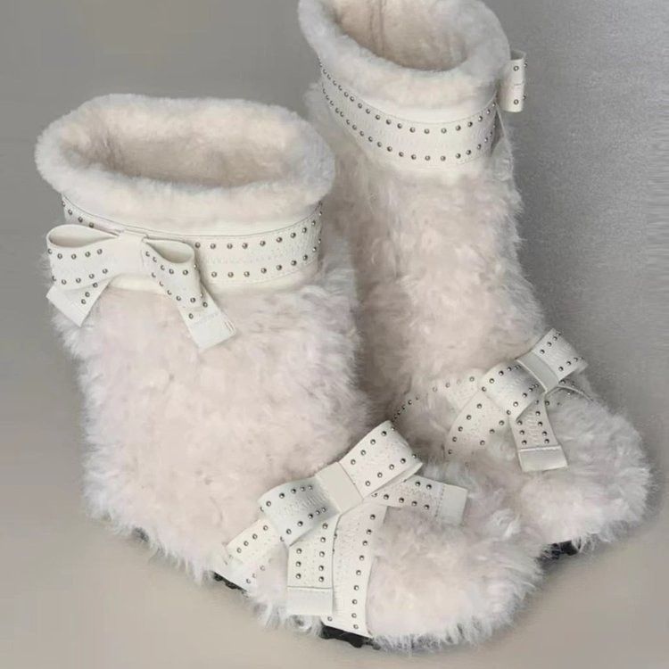 White Plush Snow For Women 2025 Winter New Bowknot Fleece-Lined Warm Thick-Soled Short Furry Boots_vogvips.com