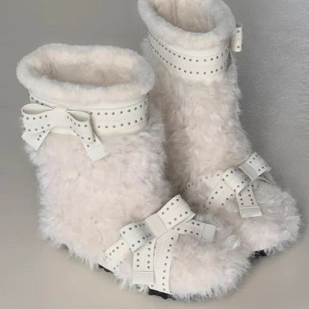White Plush Snow For Women 2025 Winter New Bowknot Fleece-Lined Warm Thick-Soled Short Furry Boots_vogvips.com