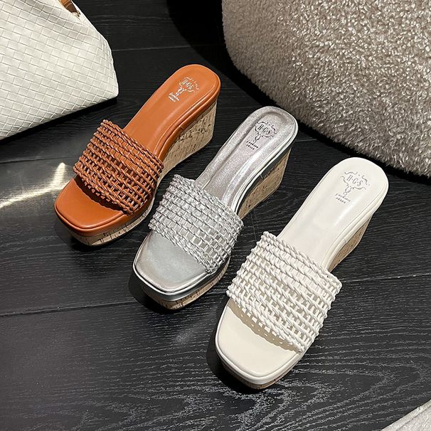 Retro Straw-woven Wedge Heel Slip-on Women, 2026 Summer Height-increasing Open-toe Sandals For Petite Women_vogvips.com