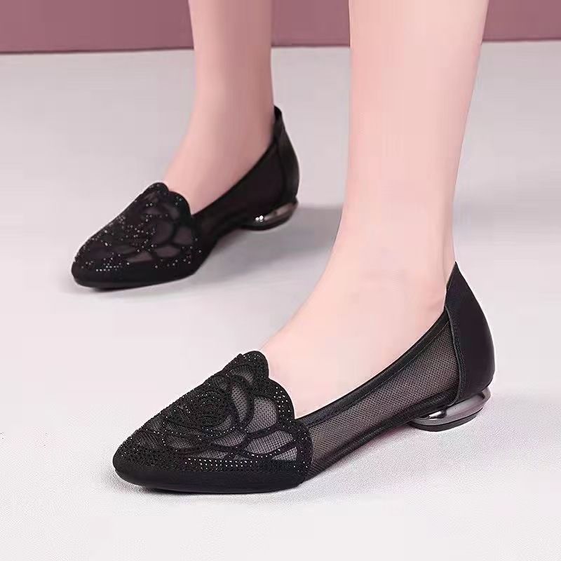 Soft Bottom Bag Head Rhinestone Hollow Mesh Single Shoes Flat Bottom Pointed Head Shallow Mouth Comfortable Sandals Women_vogvips.com