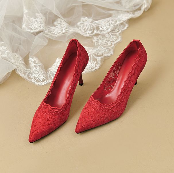 2025 Spring And Autumn Lace Red Bridal Shoes For Women, Pointed Toe, Thin Heel, Hollow Embroidered Mesh High Heels_vogvips.com