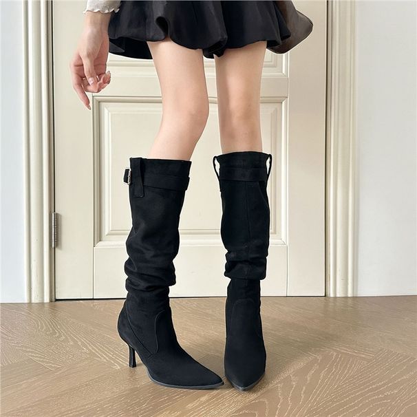 Women's Chic Pointed Toe Stiletto Knee High Boots With Belt Buckle Detail Stacked Folded Design Slimming High Heel Boots_vogvips.com