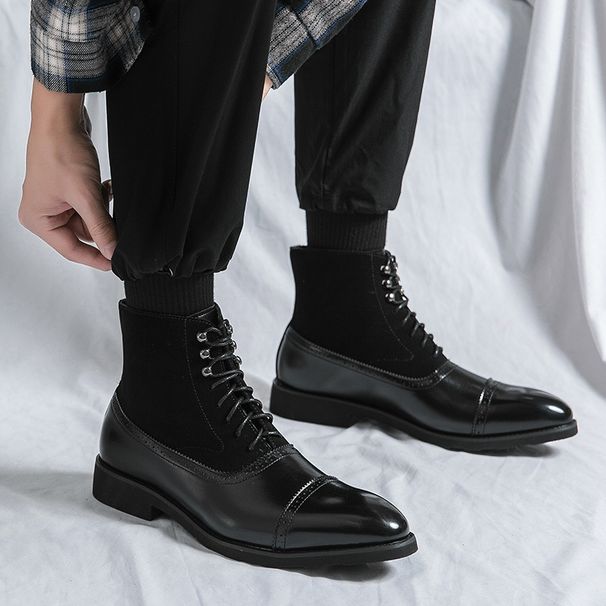 Euro Step British Style Men's Mid-High Top Leather Brogue Business Casual Ankle Fashion Pointed Toe Height Increasing Martin Boots_vogvips.com