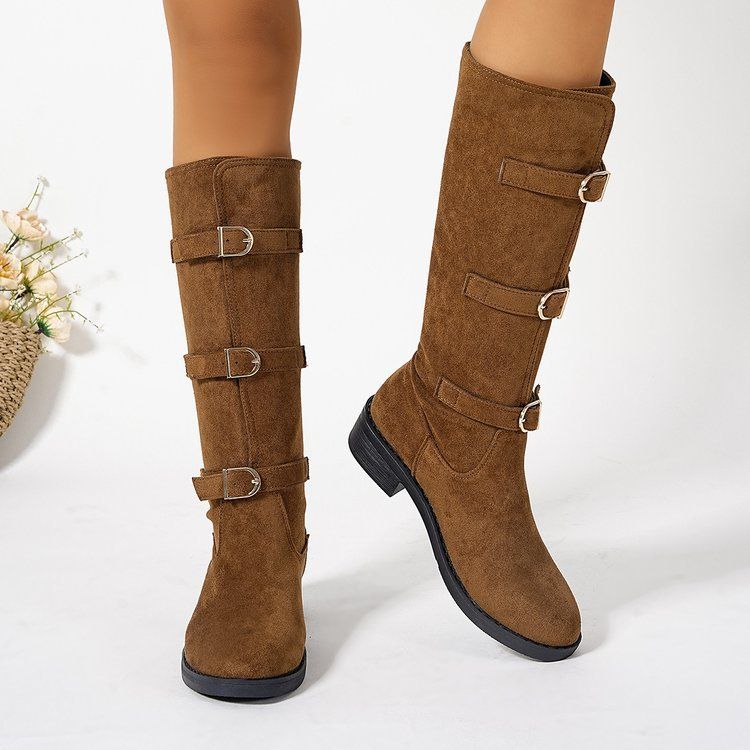 Women's Chunky Heel Wide Calf Knee High Boots With Buckle Detail & Stacked Wrinkles - Soft Suede & Genuine Leather - Round Toe Mid Heel Boots_vogvips.com