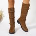 Women's Chunky Heel Wide Calf Knee High Boots With Buckle Detail & Stacked Wrinkles - Soft Suede & Genuine Leather - Round Toe Mid Heel Boots_vogvips.com