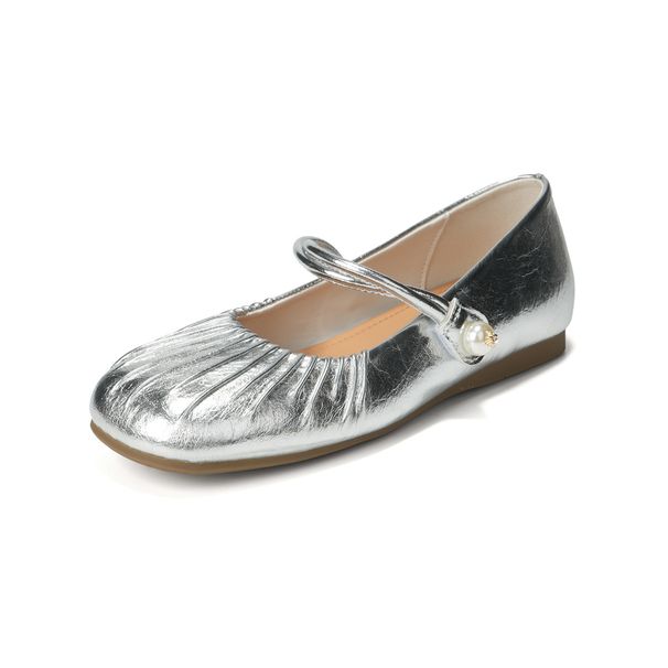 Flat Mary Jane Shoes Women's One-word Belt Inner Height Increase Single Shoes Silver Pleated Evening Women's Shoes_vogvips.com