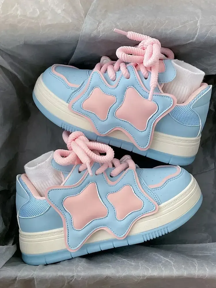 Pink Blue Platform Sneakers Women Kawaii Sports Shoes Casual Tennis Female Flats Vintage Chunky Footwear Korean Cute_vogvips.com