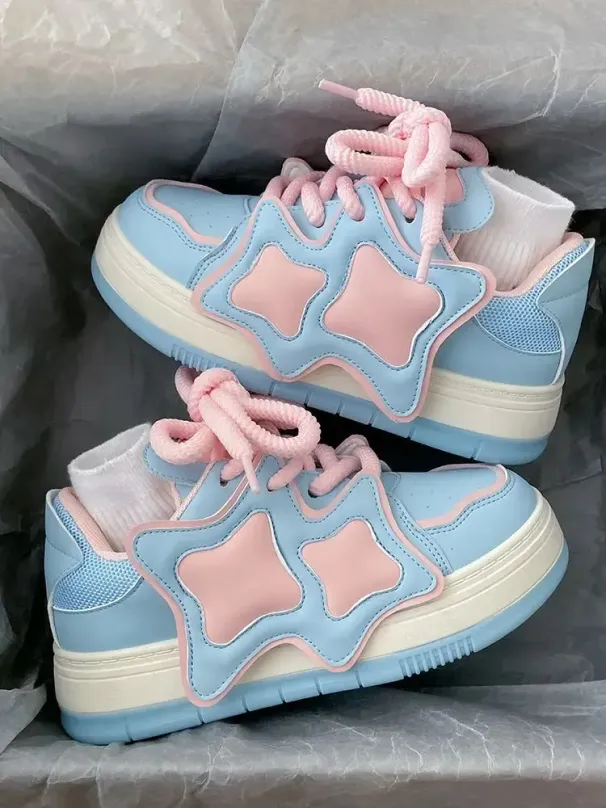 Pink Blue Platform Sneakers Women Kawaii Sports Shoes Casual Tennis Female Flats Vintage Chunky Footwear Korean Cute_vogvips.com