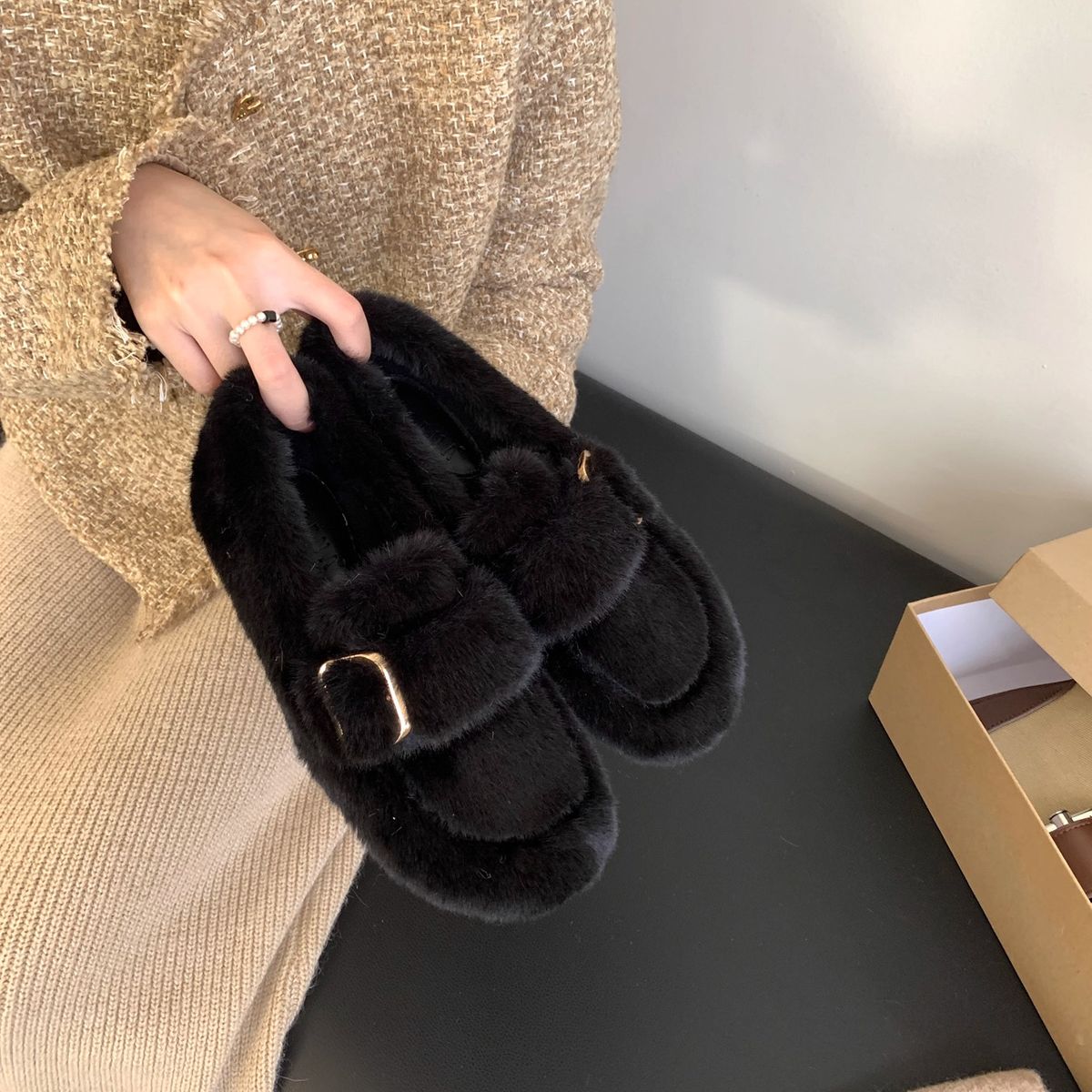 Vintage Buckle Strap Outdoor Furry Cotton Shoes For Women Autumn Winter New Fashion Versatile Slip-On Casual Flats_vogvips.com