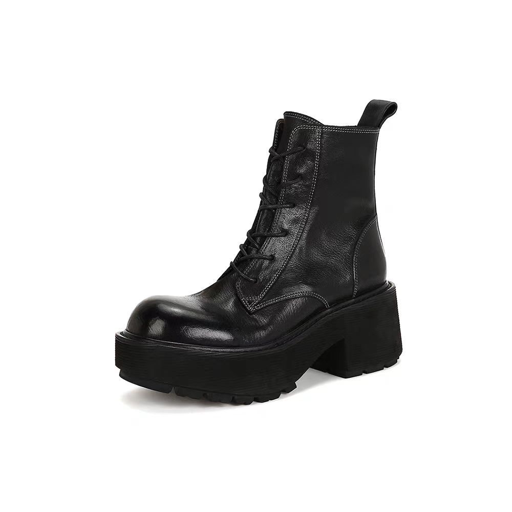 Autumn New Retro Washed Horsehide Lace-up Thick Heel Locomotive Boots Outdoor Short Boots Women's Martin Boots_vogvips.com