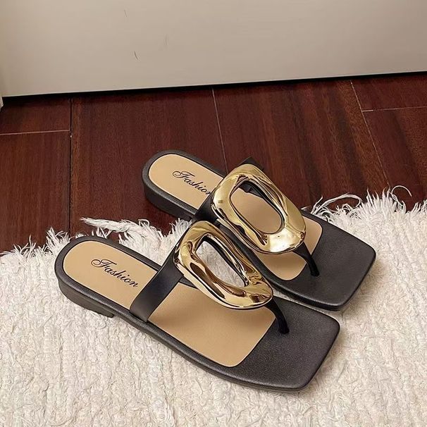 2025 New Square Open Thong Sandals Outdoor Versatile Clip Toe Casual Flat Metal Buckle Niche Summer Breathable_vogvips.com