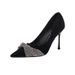 Sexy Slim Pointed Rhinestones, Single, Shallow Mouth Suede, Super Black Professional Versatile High Heels, Women's_vogvips.com