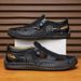 Men’s Hand Stitched Hollow Out Leather Casual Shoes, Side Zipper Breathable Slip-On Walking Sand Sneakers_vogvips.com