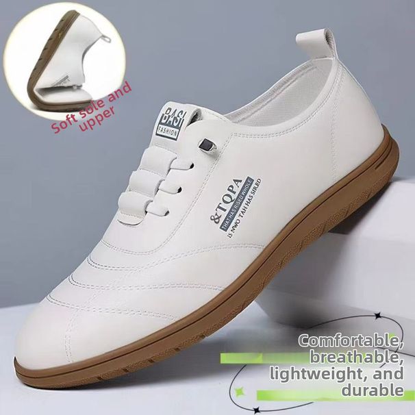 Men's Casual Breathable Soft Leather Slip-On Shoes Stylish Versatile Driving Shoes White Spring Summer New Style with Soft Sole_vogvips.com
