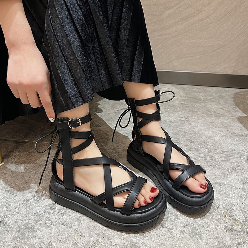 Fairy Style Sandals Female French Niche Thick-soled Heightened Cross-strap High-top Roman Shoes_vogvips.com