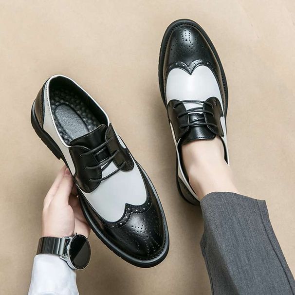 Euro Step Black And White Men's Leather Shoes New British Business Height Increasing Brogue Derby Patchwork Casual Big Head_vogvips.com