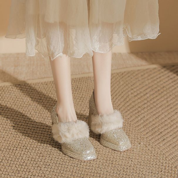 Women S Shoes Z Diamond Glitter Thick Heel Heels New Style Outdoor Wear Autumn And Winter High Grade Fur Warm_vogvips.com