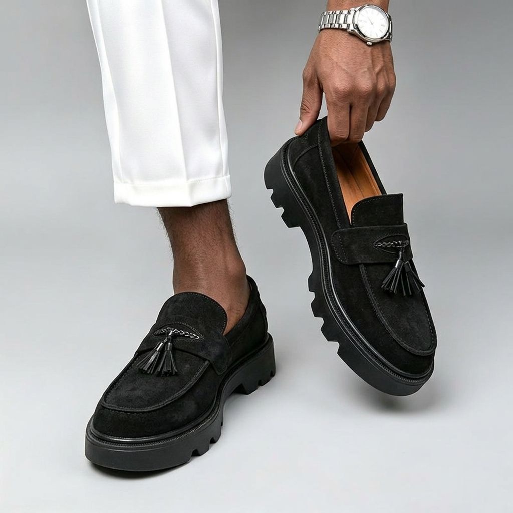 《Men Tassel Loafers Suede Slip On Platform Casual Shoes Thick Sole Business Dress Shoes Walking Moccasins_vogvips.com