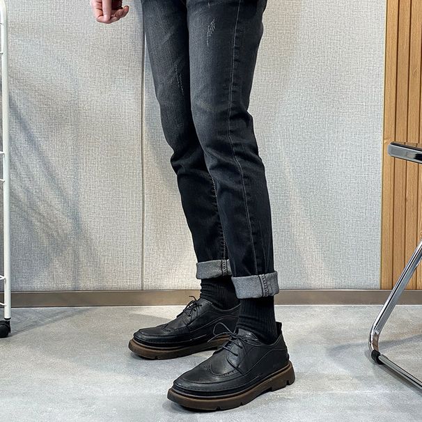 Euro Step 2025 Large Men's Brogue Carved Korean Style Round Toe British Low-top Black Leather Shoes D05-R_vogvips.com
