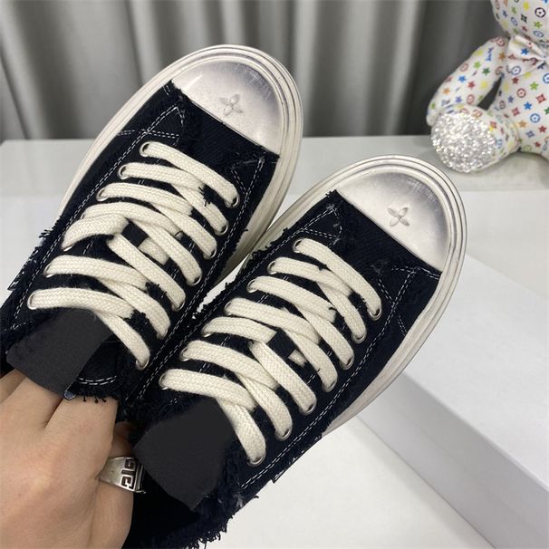 Casual Thick-Soled Canvas Shoes, New Summer 2026 Model, Lace-Up Embroidered College Style, Distressed Vintage Look_vogvips.com