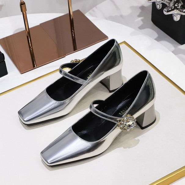 Women's Shoes Medium Heel Thick Heel Shallow Mouth Square Head Rhinestone Buckle One Word Belt Single Shoes Women_vogvips.com