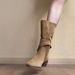 Vintage Khaki Suede Pleated Mid-calf Women's Boots With Side Buckle Design, Comfortable For Long-term Wear, Versatile_vogvips.com