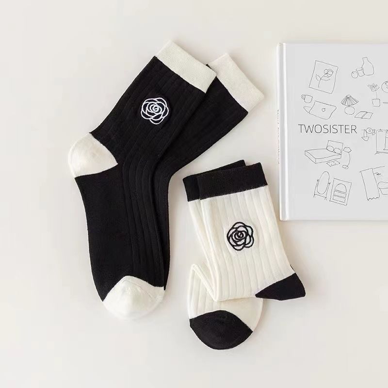 Floral Embroidered Cotton Socks - Breathable Comfortable Casual Socks With Rose And Camellia Design, Black And White Striped, Mid-Calf Length_vogvips.com