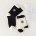 Floral Embroidered Cotton Socks - Breathable Comfortable Casual Socks With Rose And Camellia Design, Black And White Striped, Mid-Calf Length_vogvips.com