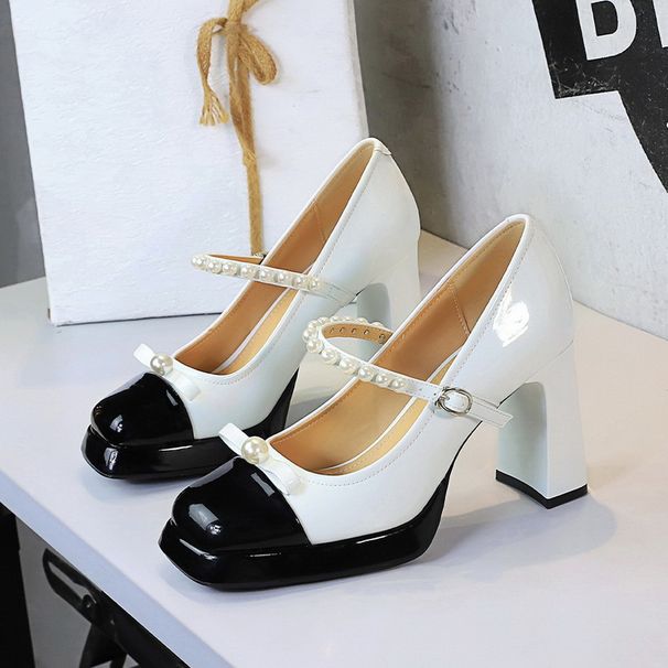 Women's Shoes Retro Style Color Block Square Toe Chunky Heel Mary Jane Shoes Women's Bow Pearl Strap Low Mouth_vogvips.com