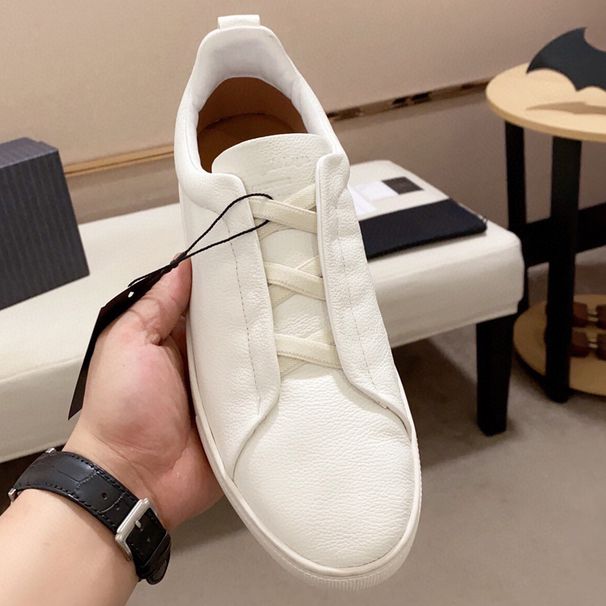 New Style Z Brand Cross Elastic Band Sneakers White Men's Genuine Leather Lazy Slip-On Casual Shoes_vogvips.com