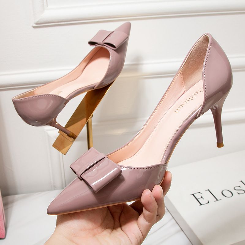Women S Pumps Style Fashionable Thin Heel Douyin Patent Leather Pointed Toe Hollow Sexy Slim Bow Internet Celebrity High_vogvips.com