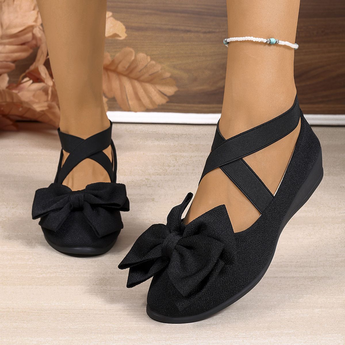New Summer Black Bowknot Ballet Flats For Cross-Border Sales, Pointed Toe Cross Elastic Strap Soft Sole Casual Shoes_vogvips.com
