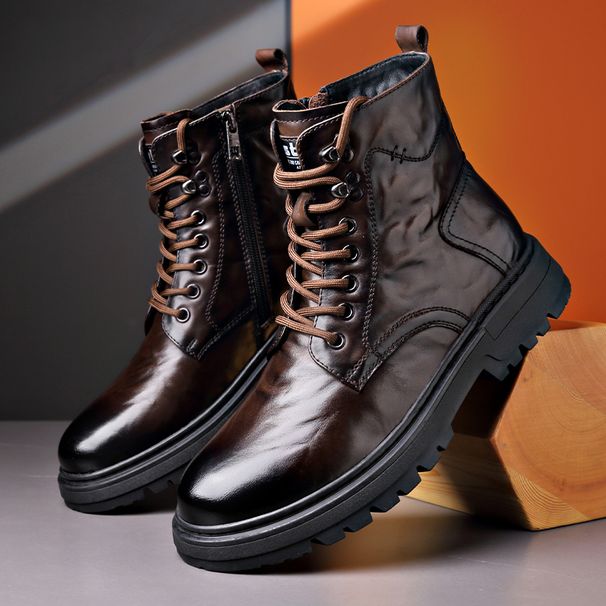 European Warm Series Men's Martin Winter Fleece Lined Warm Thickened Wool Cotton Brown High-top Leather Shoes Workwear Motorcycle Boots_vogvips.com