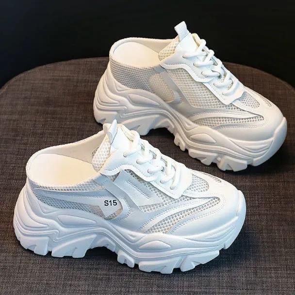 Height Enhancing Closed Toe Slippers For Women New Mesh Platform Thick Soled High Heeled Half Slippers For Outdoor Wear_vogvips.com