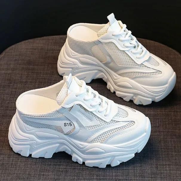 Height Enhancing Closed Toe Slippers For Women New Mesh Platform Thick Soled High Heeled Half Slippers For Outdoor Wear_vogvips.com