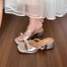 Summerclassy Silver Bows Square Toe Thick Heel Sandals For Women Dating Gentle Style With Skirt Elegant_vogvips.com