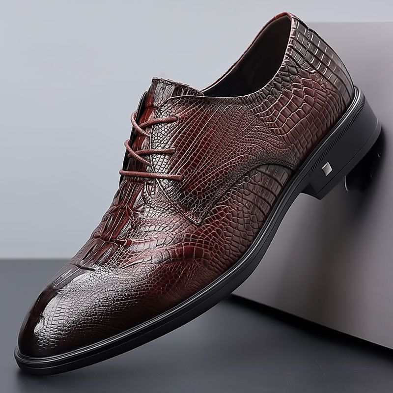British Style Autumn For Men Genuine Men's Top Layer Cowhide Soft Pointed Business Formal Alligator Pattern Brown_vogvips.com