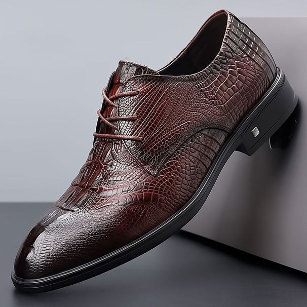 British Style Autumn For Men Genuine Men's Top Layer Cowhide Soft Pointed Business Formal Alligator Pattern Brown_vogvips.com