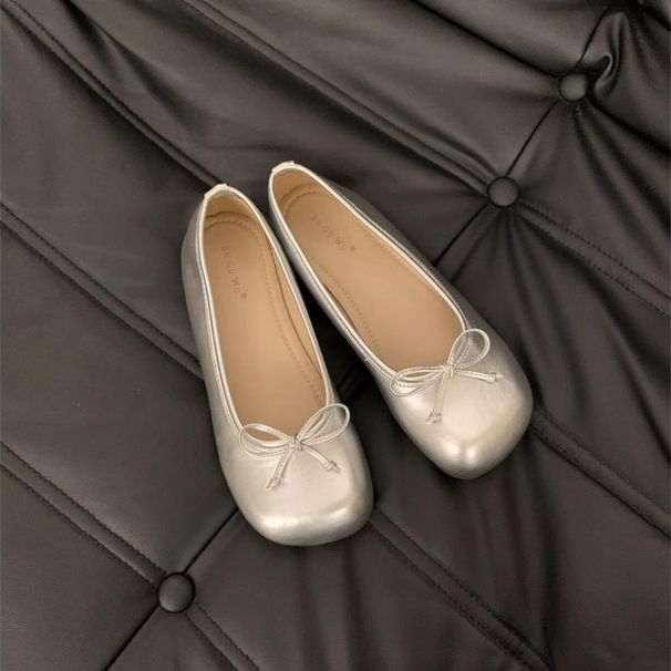 Gentle Soft Bow Silver Shoe Spring 2025 New Comfortable One Foot Kick Bean Women's Single Shoes_vogvips.com