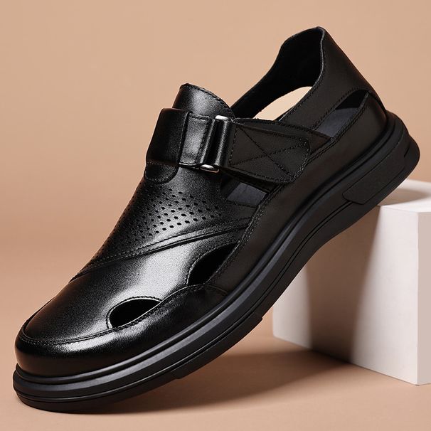 Hollow Out Casual Genuine Soft Leather Non-Slip Middle-Aged Dad Shoes Slip-On First Layer Cowhide Men's Sandals_vogvips.com