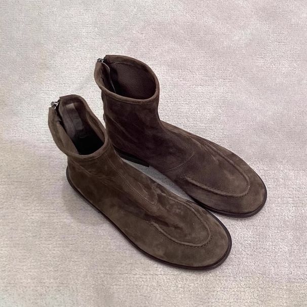 Niche Minimalist British Style Round Toe Flat Short Boots, 25 Autumn/winter New Model, Genuine Leather Suede Slim-fit_vogvips.com