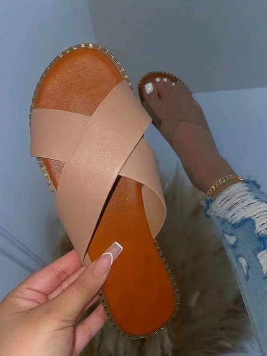 Women's plus Size Southeast Asian Flat Slippers Simple Cross Strap Outerwear Slippers for Comfortable Wear_vogvips.com