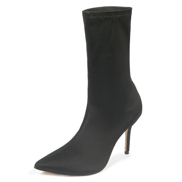 Winter For Elegant Ladies, Internet Celebrity Style, Stiletto Pointed Toe Elastic Slim Stylish Mid-calf Boots, Women's_vogvips.com