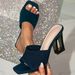 Cool Stylish Black Elastic Mule Sandals With Transparent Hollow Crystal Chunky Heel And Square Toe High Heels For Women_vogvips.com