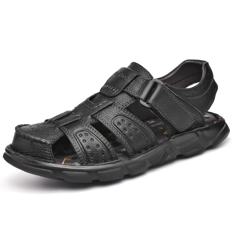 Men's Beach Shoes With Hollowed-Out And Breathable Leather Sandals, Large Size 4748_vogvips.com