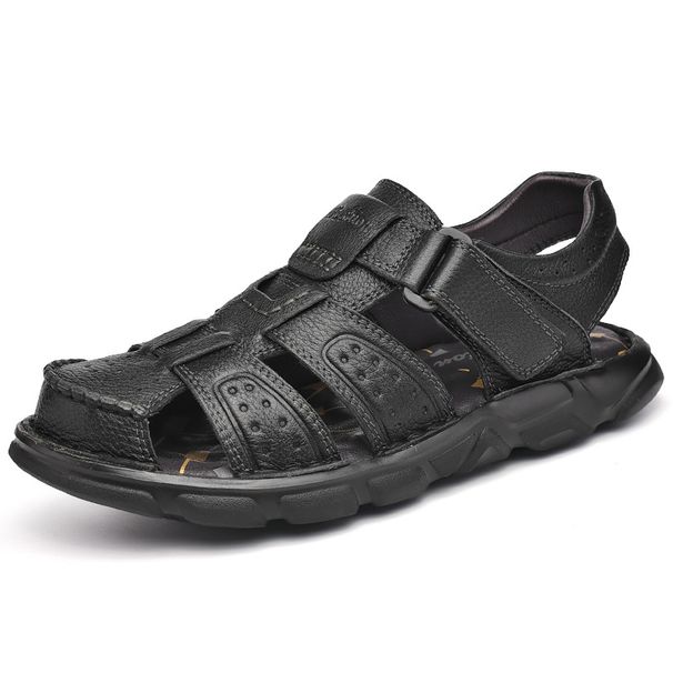 Men's Beach Shoes With Hollowed-Out And Breathable Leather Sandals, Large Size 4748_vogvips.com