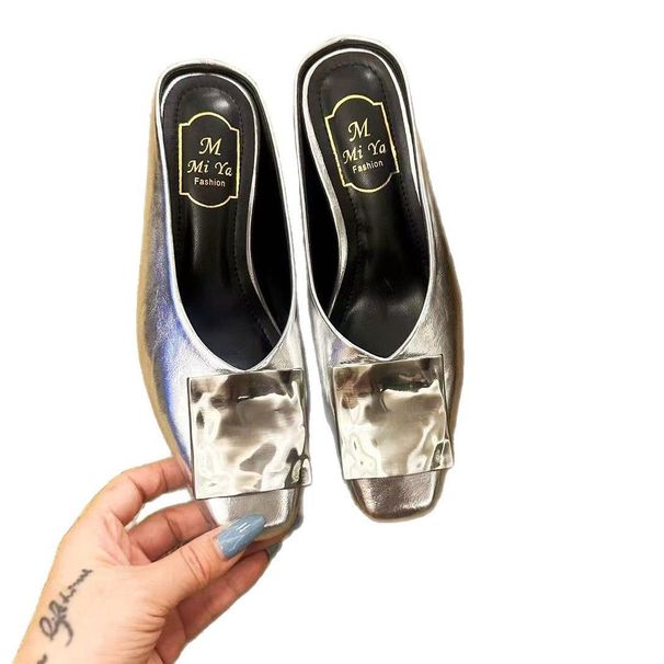 French-style Metal Square Buckle Closed-toe Mules For Women, 2026 New Summer Model, Height-increasing Flat-soled_vogvips.com